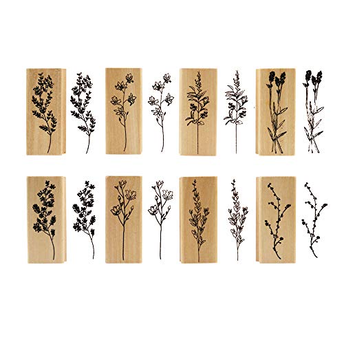 Dizdkizd 8 Pieces Wood Mounted Rubber Stamps, Plant and Flower Decorative Wooden Rubber Stamp Set for DIY Craft, Diary and Craft Scrapbooking