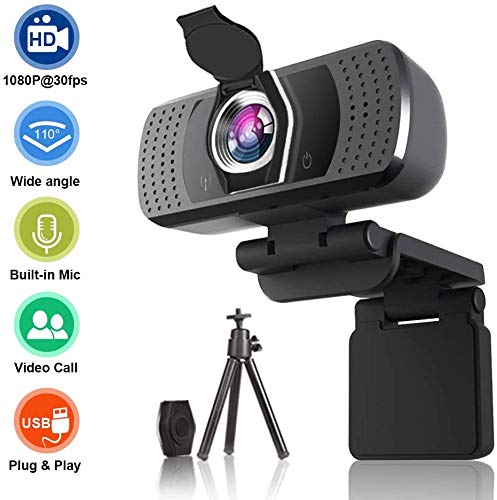 Webcam with Microphone,1080P HD Webcam with Privacy Cover and Tripod,Plug & Play, Streaming Computer Web Camera with 110-Degree Wide View Angle, USB PC Webcam for Video Calling Recording Conferencing