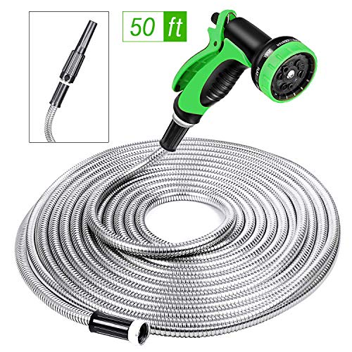 SPECILITE Heavy Duty 304 Stainless Steel Garden Hose 50ft, Outdoor Metal Water Hoses with Nozzle & 10 Pattern Spray Nozzle for Never Kink & Tangle, Puncture Resistant, Flexible, Portable