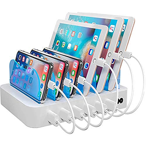Hercules Tuff Charging Station for Multiple Devices (White) - 6 USB Fast Ports - 6 Short USB Lightning Cables Included for Cell Phones, Smart Phones, Tablets, and Other Electronics