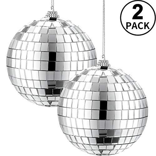 2 Pieces Mirror Disco Ball, 70's Disco Party Decoration, Hanging Ball for Party or DJ Light Effect, Home Decorations, Stage Props, Game Accessories (Silver, 4 Inch)