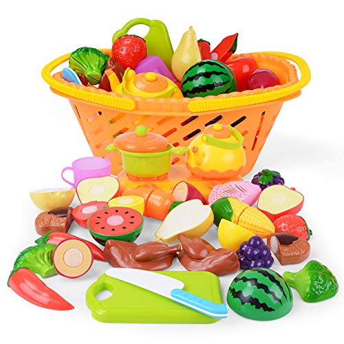 NextX Play Food Kitchen for Kids,Pretend Play Kitchen Food Sets,Cutting Fruits & Vegetables for Kids with Storage Basket Pretend Toy,Educational Toy for Child Kitchen Christmas Birthday Gift