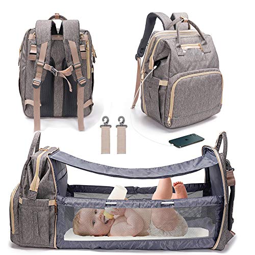 3 in 1 Travel Bassinet Foldable Baby Bed, Diaper Bag Backpack Changing Station, Waterproof, USB Charging Port, Baby Bag Portable Crib, Gray (Gray)