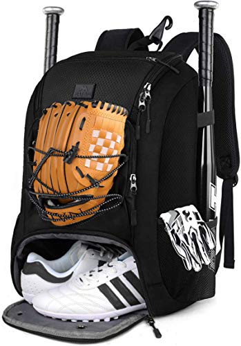 MATEIN Baseball Bag, Large Softball Bag with Shoe Compartment, Bat Bags for Men Youth Boys and Adult, Baseball Backpack with Fence Hook Hold TBall Bat, Batting Glove, Helmet, Teeball Gear, Black