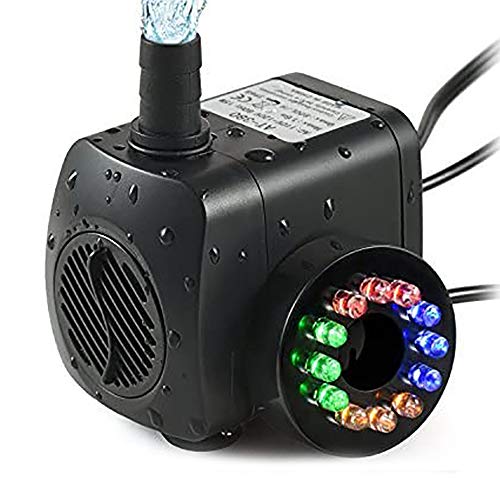 TOPBRY 220 GPH Submersible Water Pump(800L/H, 15W),Ultra Quiet 12 LED Colorful Pump Lights with 2 Nozzles,6 Feet Power Cord for Fish Tank, Pond, Aquarium, Statuary, Hydroponics