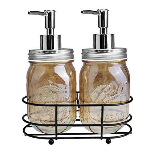 Rich Life 2 Pack Mason Jar Soap Dispenser Bathroom Accessories - with 16 Ounce Mason Jar for Bathroom or Kitchen, Perfect for Liquid Soap, Essential Oils and Lotions(Amber)