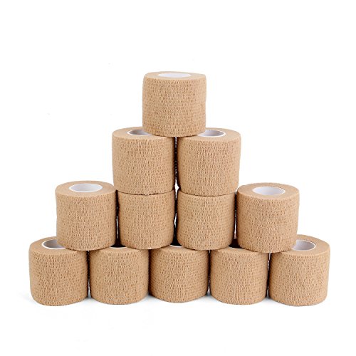 12 Bulk Pack Cohesive Tape, Self Adherent Wrap 2 Inches X 5 Yards - Self Adhesive Bandage Medical Vet Wrap for First Aid, Sports Protection and Wrist, Ankle Sprains & Swelling