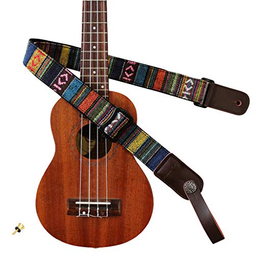 MUSIC FIRST Classic Country style Soft Cotton & Genuine Leather Ukulele Strap Ukulele Shoulder Strap Version 2.0 With a MUSIC FIRST Genuine Leather Strap Locker