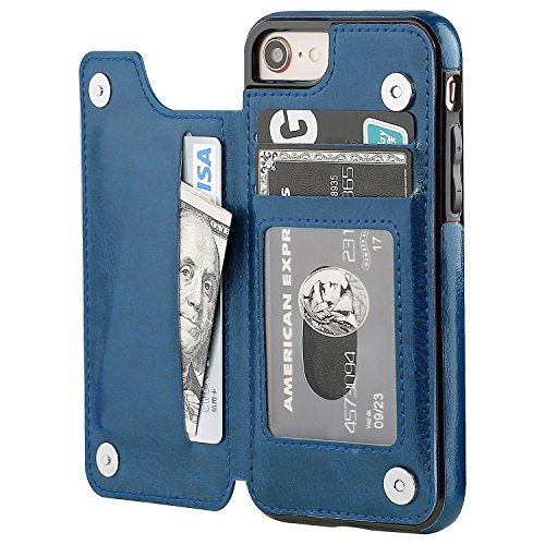 OT ONETOP iPhone 8 Wallet Case with Card Holder, iPhone 7 Case iPhone SE(2020) Wallet Premium PU Leather Kickstand Card Slots,Double Magnetic Clasp and Durable Shockproof Cover 4.7 Inch(Blue)