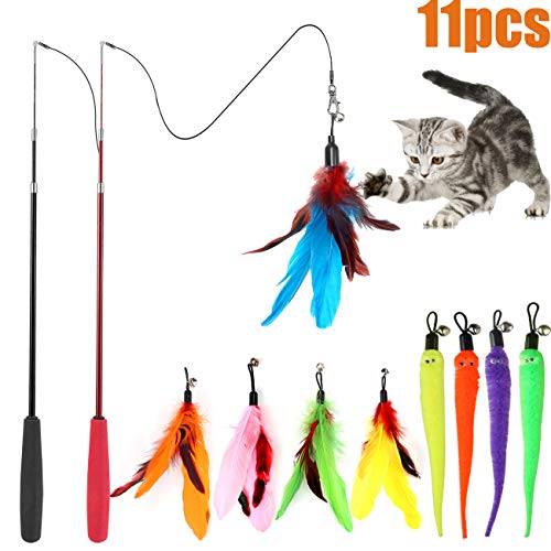 MeoHui 11PCS Retractable Cat Feather Toy Set, Interactive Cat Toys Wand with 2 Poles & 9 Attachments Worm Bird Feathers, Cat Feather Teaser Wand Toy for Kitten Cat Having Fun Exercise Playing