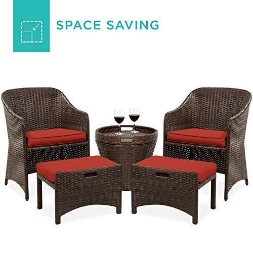 Best Choice Products 5-Piece Outdoor Wicker Bistro Set Multipurpose Furniture for Patio, Yard, and Garden w/ 2 Chairs, 2 Ottomans, and Side Storage Table, Space Saving Design, No Assembly - Red