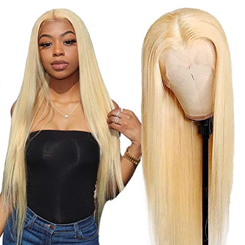 Allove 613 Blonde Lace Front Wig Human Hair Pre Plucked Bleached Knots 24inch T Part Straight Lace Front Wigs with Baby Hair Natural Hairline 10a Middle Part Brazilian Human Hair Wigs for Black Women