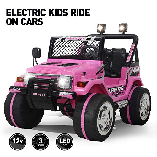 Fitnessclub 12V Kids Ride On Cars with Remote Control,Children's Electric Cars Motorized Cars for Kids LED Lights 3 Speeds Electric Toy for Kids USB Pink