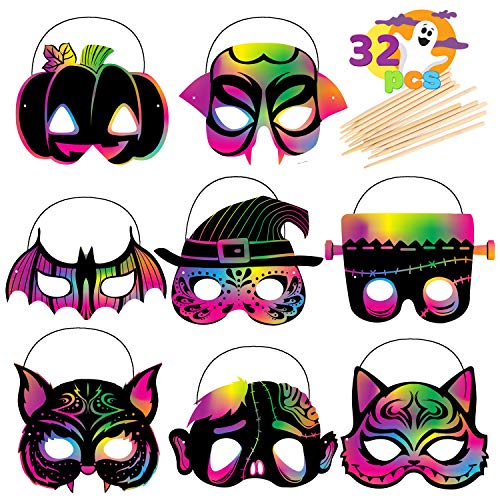 JOYIN 32 Pcs Halloween Scratch Masks Set with 8 Designs for Arts and Crafts, Activity Book, Trick-or-Treat, Halloween Party Favors, Halloween Event Party Supplies