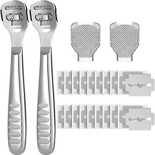 24 Pieces in Total, 2 Callus Shaver Sets Include 20 Replacement Slices 2 Callus Shavers and 2 Foot File Heads Foot Care Tools Steel Handle Hard Skin Remover for Hand Feet (Grooved Handle)