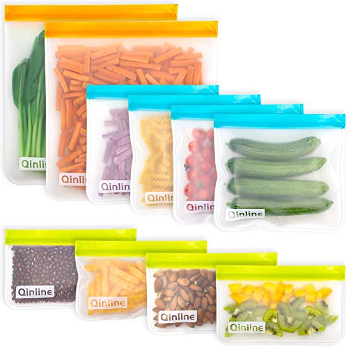 Reusable Storage Bags - 10 Pack BPA FREE Freezer Bags(2 Reusable Gallon Bags + 4 Leakproof Reusable Sandwich Bags + 4 THICK Reusable Snack Bags) Lunch Bags for Food Marinate Meat Fruit Cereal