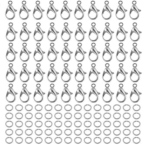 300Pcs Alloy Silver Lobster Claw Clasps with Open Jump Rings,Necklace Fasteners Hook for DIY Jewelry Making Accessories (10x5mm)