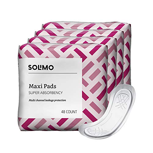 Amazon Brand - Solimo Thick Maxi Pads for Periods, Super Absorbency, Unscented, 192 Count,48 Count (Pack of 4)