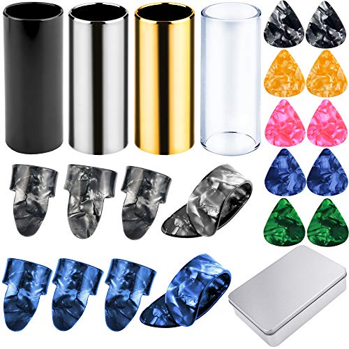 Augshy 4 Pieces Medium Guitar Slides(Include 3 Colors Stainless Steel, 1 Pieces Glass), 10 Pieces Guitar Picks and 8 Pieces Plastic Thumb & Finger Picks in Metal Box