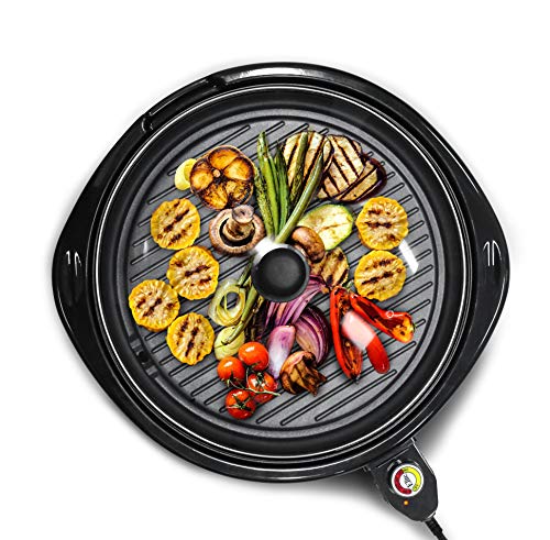 Elite Gourmet EMG-980B Large Indoor Electric Round Nonstick Grill Cool Touch Fast Heat Up Ideal Low-Fat Meals Easy to Clean Design Dishwasher Safe Includes Glass Lid, 14', Black