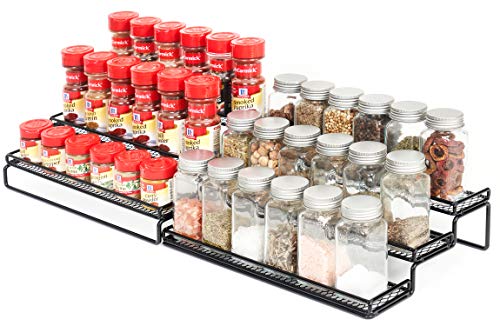 3 Tier Expandable Cabinet Spice Rack Organizer - Step Shelf with Protection Railing (12.5 to 25'W), Black