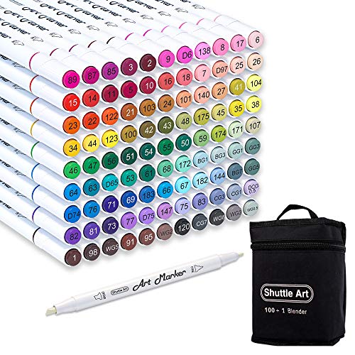 Shuttle Art 101 Colors Dual Tip Alcohol Based Art Markers,100 Colors Plus 1 Blender Permanent Marker Pens Highlighters with Case Perfect for Illustration Adult Coloring Sketching and Card Making