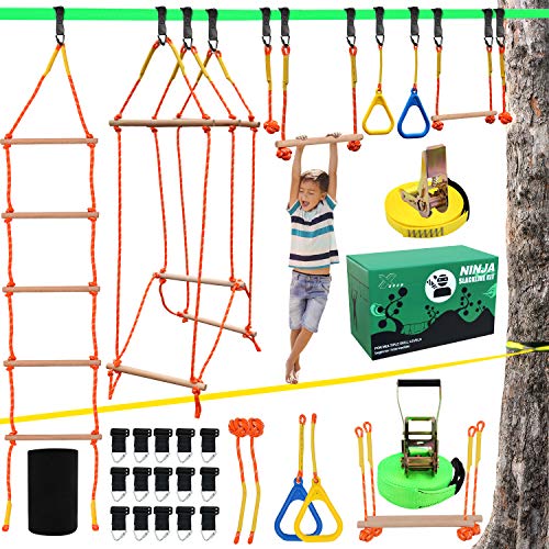 Ninja Warrior Obstacle Course for Kids, Slackline Kit 50' with 8 Accessories - Monkey Bars, Gymnastics Rings, 68' Rope Ladder, Bridge Obstacle - Ninja Line Training Equipment for Backyard Outdoor