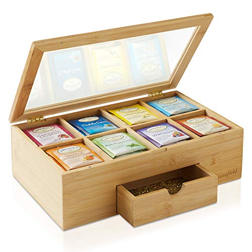 Casafield Bamboo Tea Box - Wooden Storage Chest for Tea Bag Packets with Acrylic Hinged Lid and Slide-Out Drawer for Loose Tea Leaves