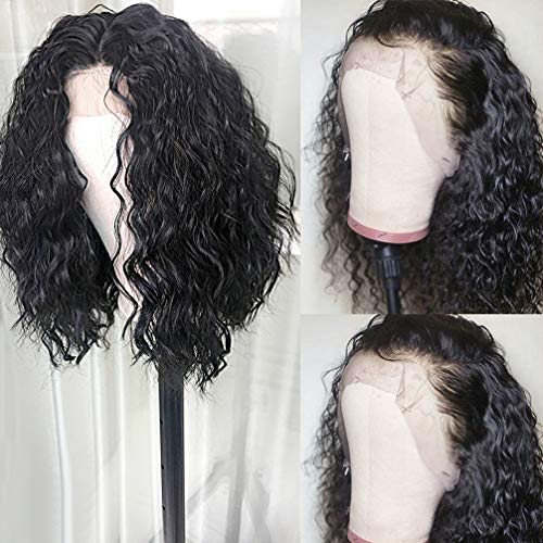 Lace Front Wigs Loose Curly with Baby Hair Short Bob Curly Natural Sythetic Lace Front Wig Natural Hairline Heat Resistant Fiber Black Wig for Women (14 inch)