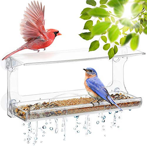 DF OMER Weatherproof Polycarbonat Window Bird Feeder with Strong Suction Cups, Drainage Holes, and 3-Sectioned Removable Tray 11.6x4.3x5.7 in. Bird Watching Gifts for Up-Close, Indoor Bird Watching