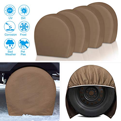 RV Tire Covers Set of 4 Pack - 32'' to 34.5'' Auto Wheel Protector for Trailer Camper Motorhome, 600D Heavy Duty Oxford Waterproof Sun UV Protection Kit, Fit Truck SUV Vehicle