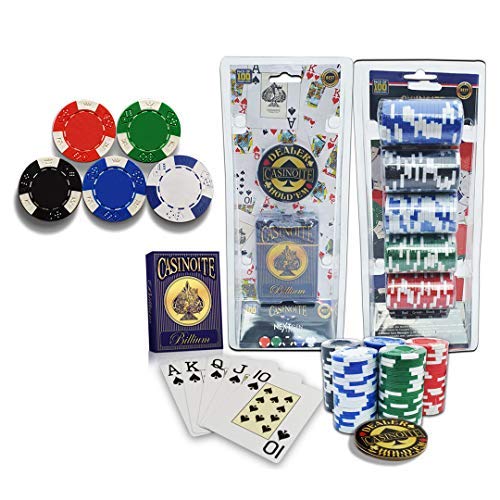 Professional 100PCS Blue Texas Holdem Poker Chip Set, 40mm Casino Style Chips, Decks Poker Cards and 2 Dealer Button