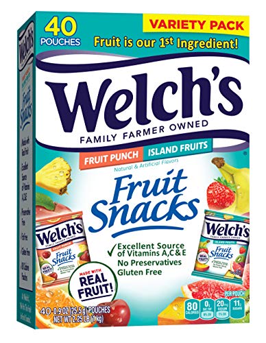 Welch's Fruit Snacks, Fruit Punch & Island Fruits Variety Pack, Gluten Free, Bulk Pack, 0.9 oz Individual Single Serve Bags (Pack of 40)