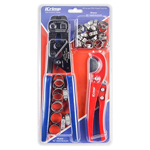 iCrimp Ratchet PEX Cinch Tool with Removing function for 3/8 to 1-inch Stainless Steel Clamps with 20PCS 1/2-inch and 10PCS 3/4-inch PEX Clamps and Pex Pipe Cutter- All in One