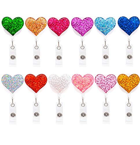 Qinsuee 12 Pack Bling Heart Retractable Badge Reel, ID Badge Holder with Alligator Clip, Lightweight, 24' Easy Retracting Cord
