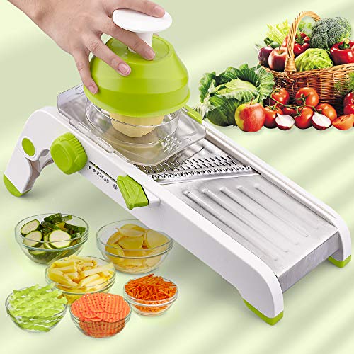 Multifunctional Vegetable Grater Mandoline Slicer Fruit Peeler Waffle Chopper French Fry Shredder Veggie Chip Cutter Lemon Onion Julienne Safety Hand Guard Adjustable Thicknesses Kitchen Tool (green)