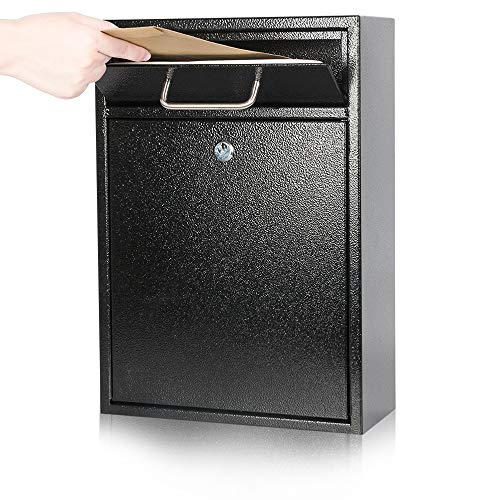 KYODOLED Steel Key Lock Mail Boxes Outdoor,Locking Wall Mount Mailbox,Security Key Drop Box,Collection Boxes,16.2Hx 11.22Lx 4.72W Inches,Black X Large