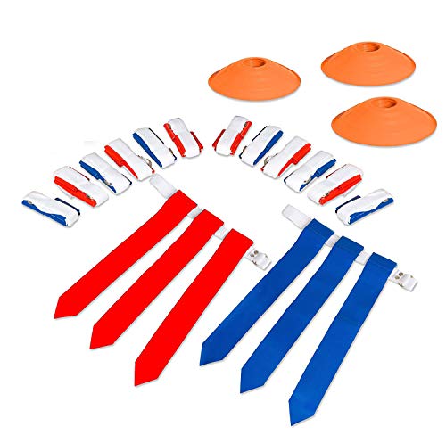 14 Player Flag Football Deluxe Set - 14 Belts, 42 Flags, 12 Cones & 1 Mesh Carrying Bag for Flag Football