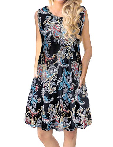 Sundresses for Women,Tanst Ladies Clothing Summer Office Wear Dress Casual Round Neck Sleeveless Knee Length Dresses with Pockets Trapeze Dress Pattern Flower Black XL Size 18