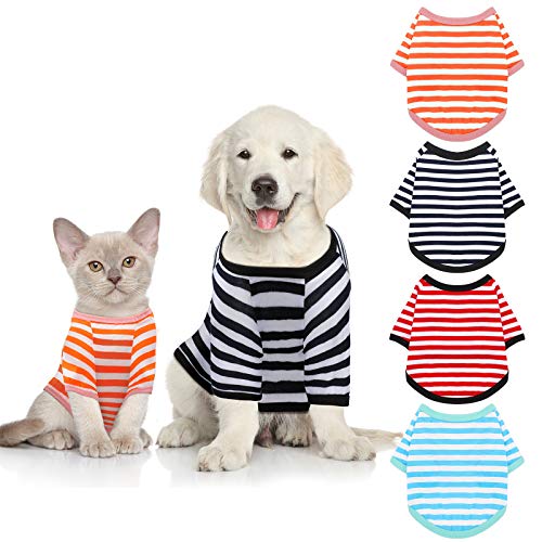 4 Pieces Dog Shirts Striped Dog T-Shirts Pet Stretchy Clothes Puppy Short Sleeves Shirts Cat Tank for Small Medium Dogs, 4 Colors (XL)