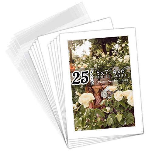 Golden State Art, Pack of 25 White Pre-Cut 5x7 Picture Mat for 4x6 Photo with White Core Bevel Cut Mattes Sets. Includes 25 High Premier Acid Free Bevel Cut Matts & 25 Backing Board & 25 Clear Bags