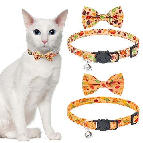 PUPTECK Cat Bowtie Collars Breakaway with Bell 2 Pack - Floral Safe Pet Kitty Puppy Collar with Cute Autumn Thanksgiving Day Elements, Adjustable 8 to 12 inches