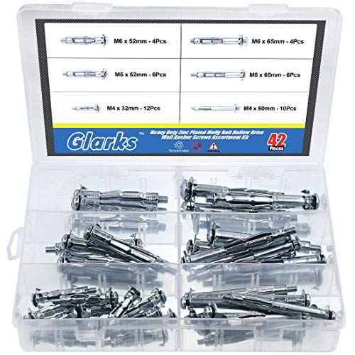 Glarks 42Pcs 6 Size Heavy Duty Zinc Plated Steel Molly Bolt Hollow Drive Wall Anchor Screws Assortment Kit for Drywall, Plaster and Tile