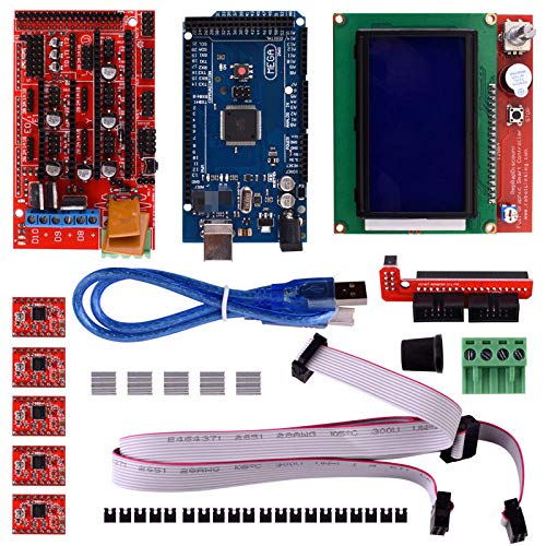 Aokin 3D Printer Controller Kit for Arduino RepRap, RAMPS 1.4 + 2560 Board + 5pcs A4988 Stepper Motor Driver with Heatsink + LCD 12864 Graphic Smart Display with Adapter