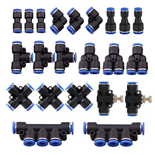 22 Pcs Push to Connect Fittings Kit, 1/4' 6mm Od Quick Release Connectors, 3 Elbows, 3 Union Tee, 3 Y Splitters 3 Straight Unions, 3 Reducer Unions, 3 Cross Unions, 2 Hand Valves, 2 Manifold