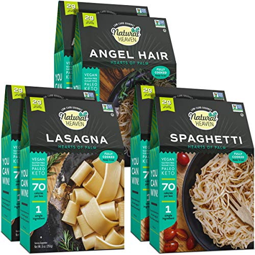Natural Heaven Pasta Substitute Sampler | 2 Angel Hair | 2 Spaghetti | 2 Lasagna Hearts of Palm Noodles | 6 Count 9 oz | Keto | Paleo | Vegan | Plant Based | Low Carb |