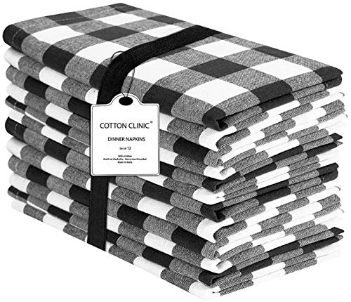 Cotton Clinic 20x20 Gingham Buffalo Check Cloth Dinner Napkins Pack of 12, 100% Cotton Cocktail Napkins, Wedding Dinner Napkins with Mitered Corners and Generous Hem - Black White