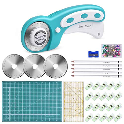 133 Pcs Rotary Cutter Set - BONROB 45mm Cutter Kit with A3 Cutting Mat, 3 Replacement Blades, Patchwork Ruler, Craft Clips, Sewing Pins & Chalk - Perfect for Crafting, Patchworking, Knitting