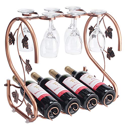 Freestanding Countertop Wine Rack with Glass Holder, Holds 4 Bottles and 6 Stemwares