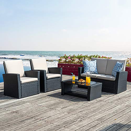 Walsunny Quality Outdoor Living,Outdoor Patio Furniture Sets,4 Piece Conversation Set Wicker Ratten Sectional Sofa with Seat Cushions (Black)